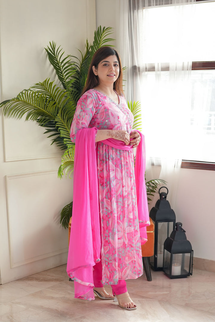 Designer Pink Chinon Salwar Suit | Embroidered & Printed Festive Set