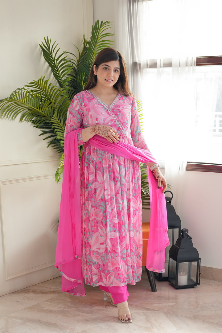Designer Pink Chinon Salwar Suit | Embroidered & Printed Festive Set