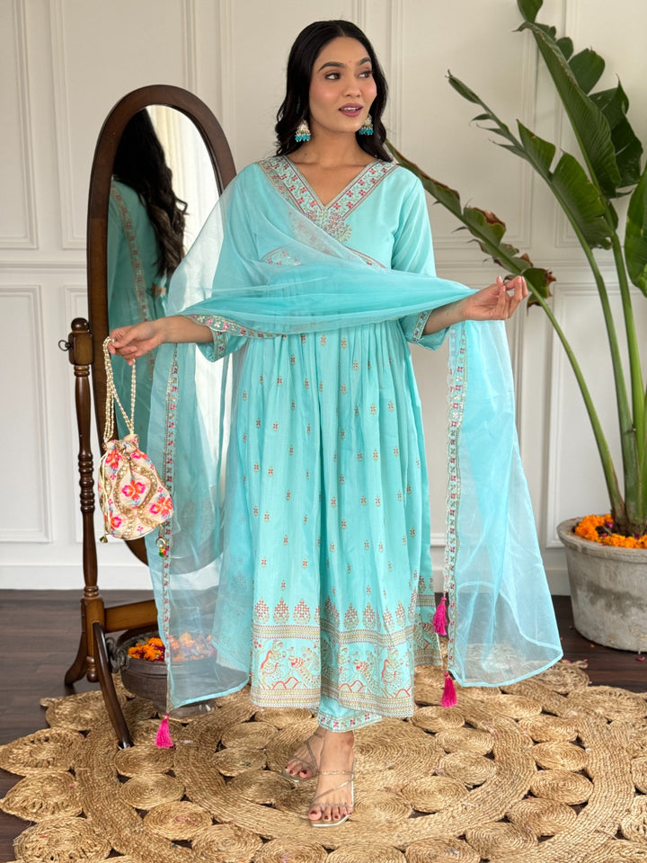 Designer Sea Green Rayon Slub Salwar Suit | With Organza Dupatta for Weddings