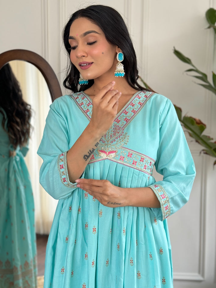 Designer Sea Green Rayon Slub Salwar Suit | With Organza Dupatta for Weddings