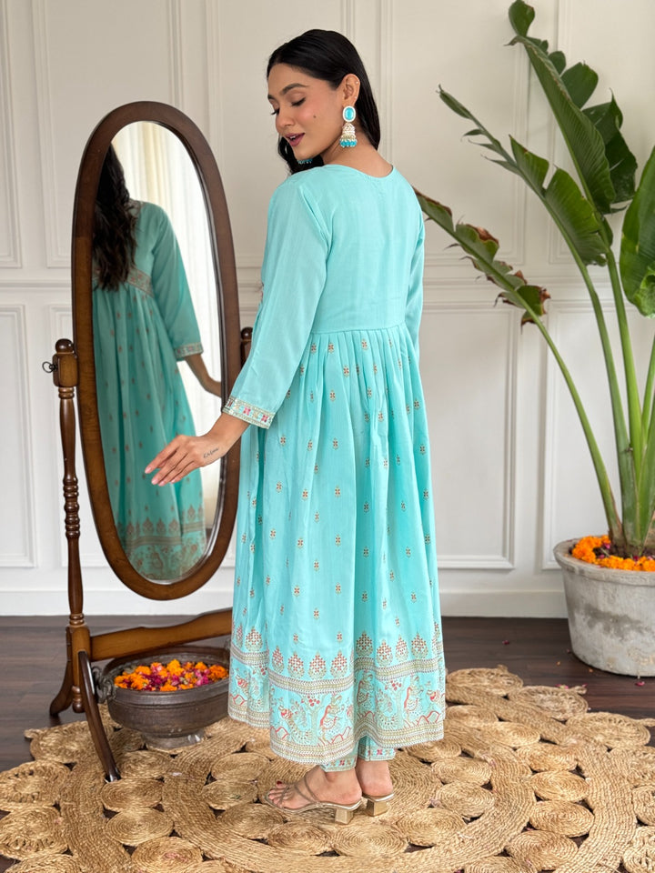 Designer Sea Green Rayon Slub Salwar Suit | With Organza Dupatta for Weddings