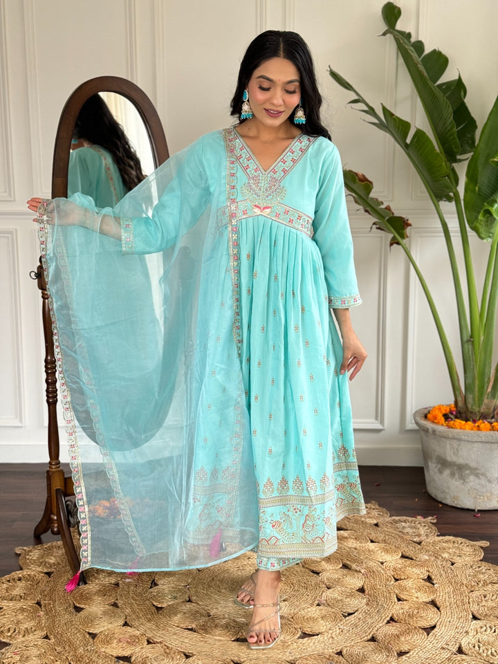 Designer Sea Green Rayon Slub Salwar Suit | With Organza Dupatta for Weddings
