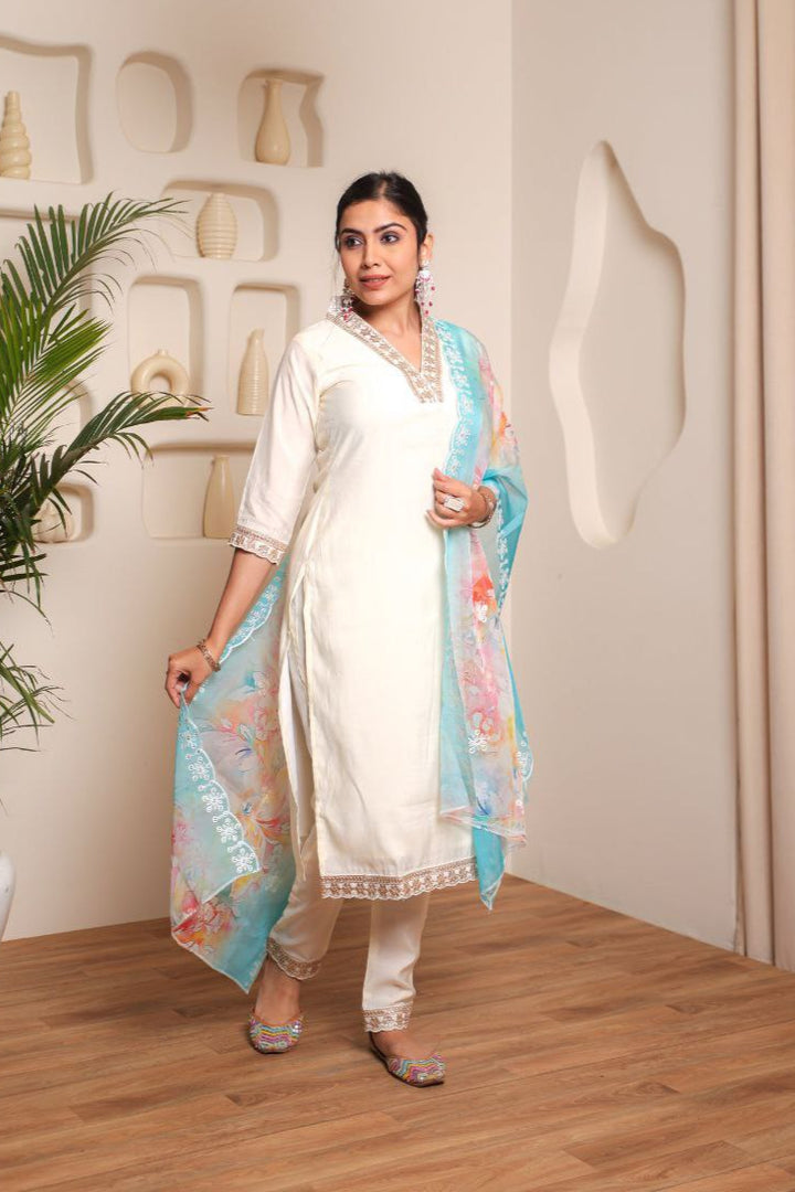 Stylish Off-White P V Chanderi Salwar Suit | With Organza Dupatta Festive Wear