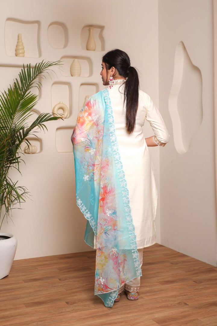 Stylish Off-White P V Chanderi Salwar Suit | With Organza Dupatta Festive Wear