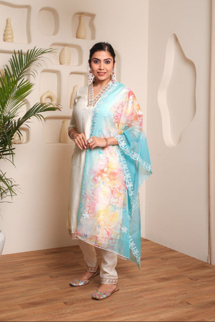 Stylish Off-White P V Chanderi Salwar Suit | With Organza Dupatta Festive Wear