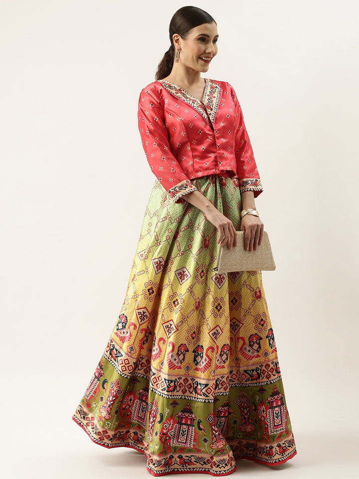 Designer Digital Bandhani Lehenga | Satin Silk Crop Top Choli Set