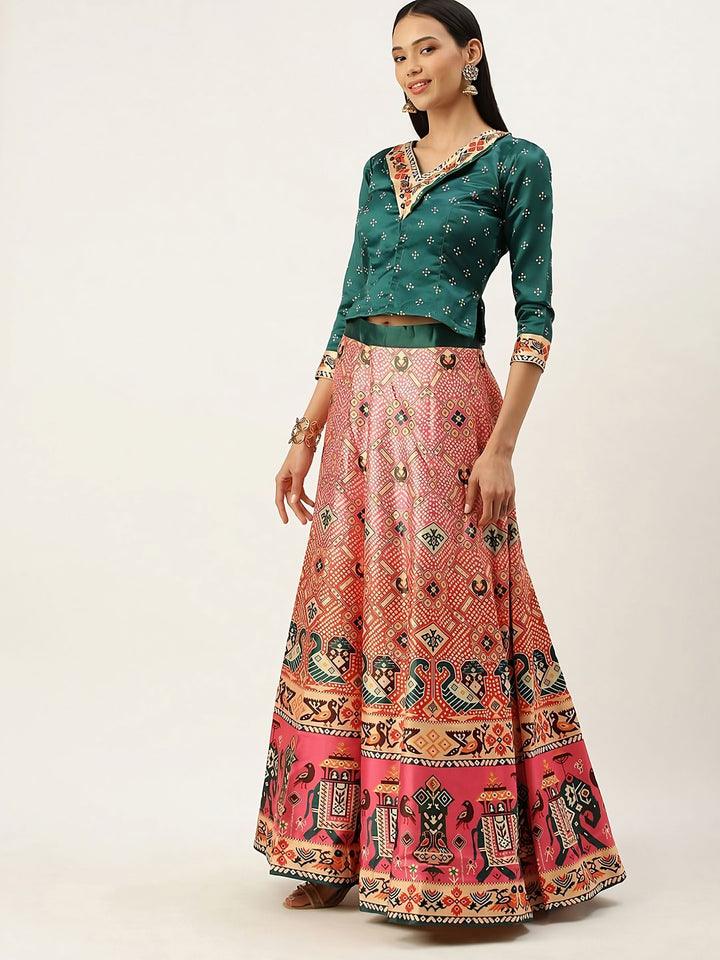 Designer Digital Bandhani Lehenga | Satin Silk Crop Top Choli Set