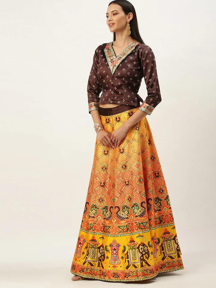 Designer Digital Bandhani Lehenga | Satin Silk Crop Top Choli Set
