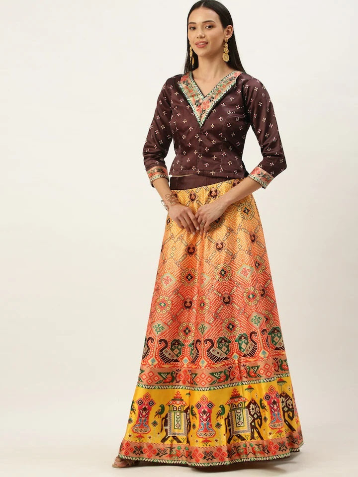 Designer Digital Bandhani Lehenga | Satin Silk Crop Top Choli Set