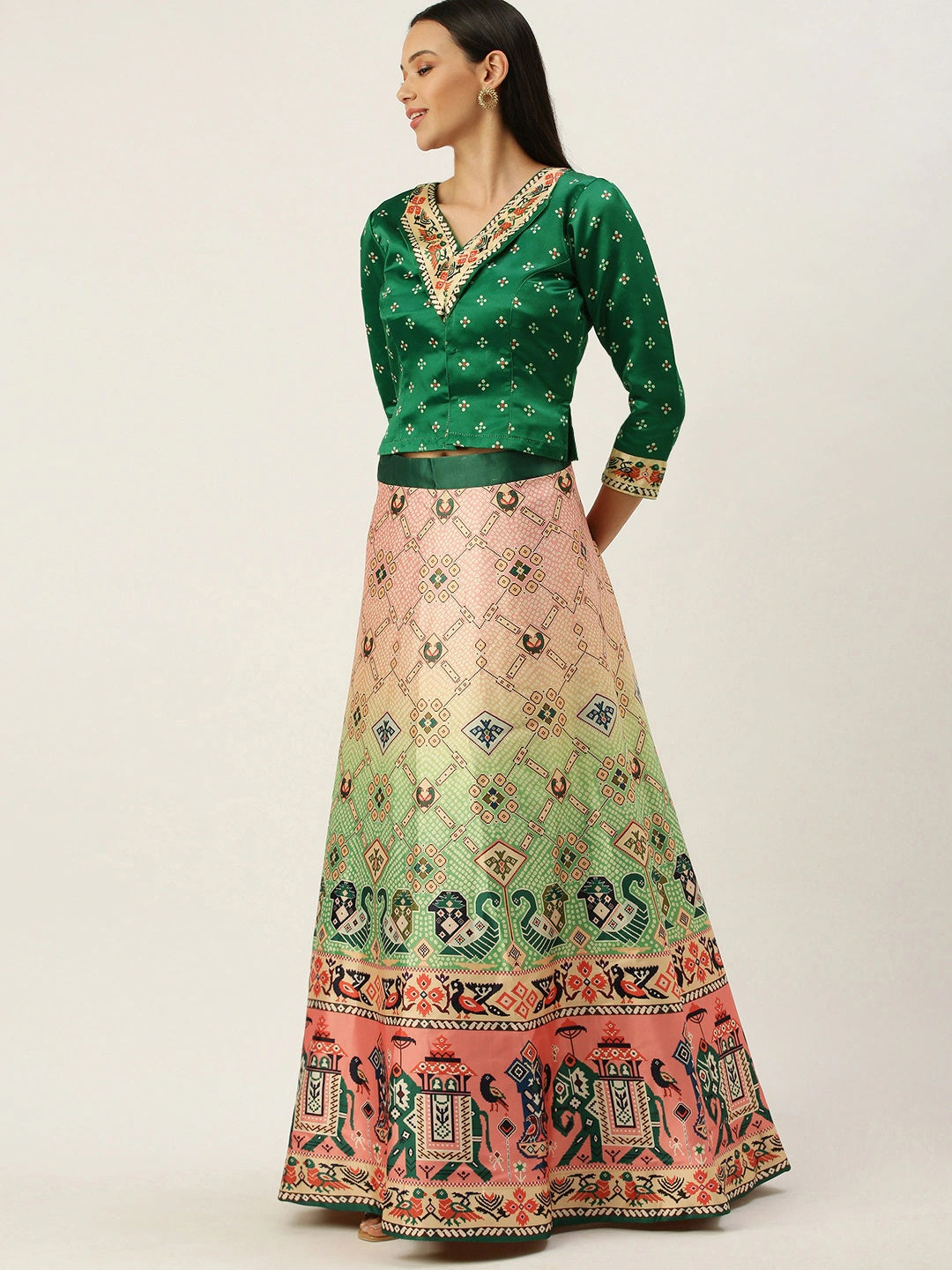 Designer Digital Bandhani Lehenga | Satin Silk Crop Top Choli Set