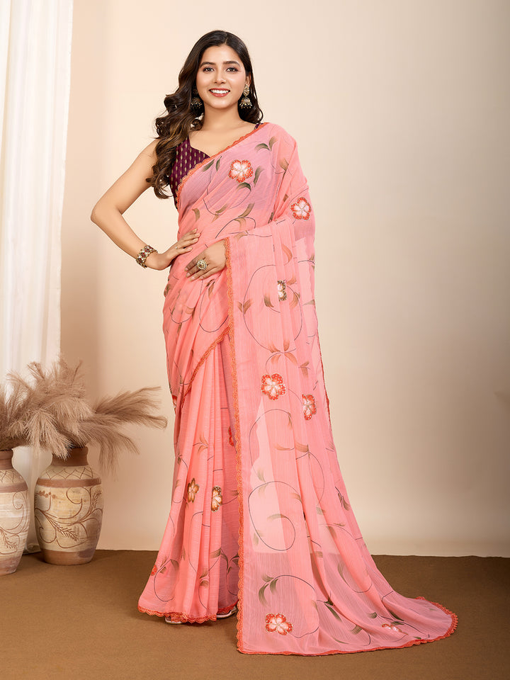 Partywear Georgette Saree | Art Silk Blouse Brush & Foil Print Work