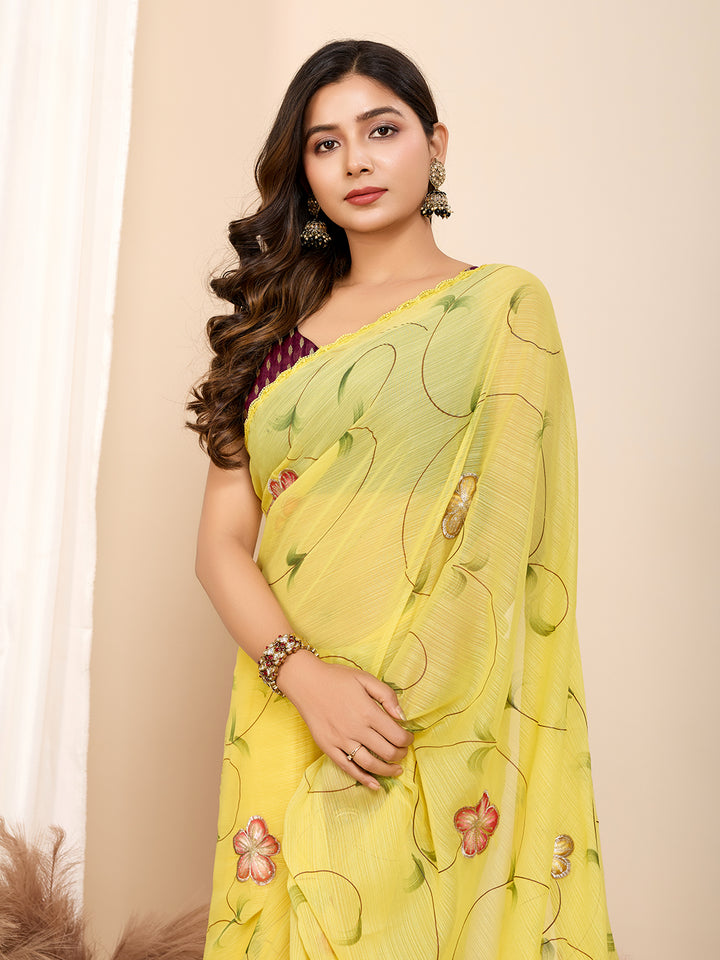 Partywear Georgette Saree | Art Silk Blouse Brush & Foil Print Work