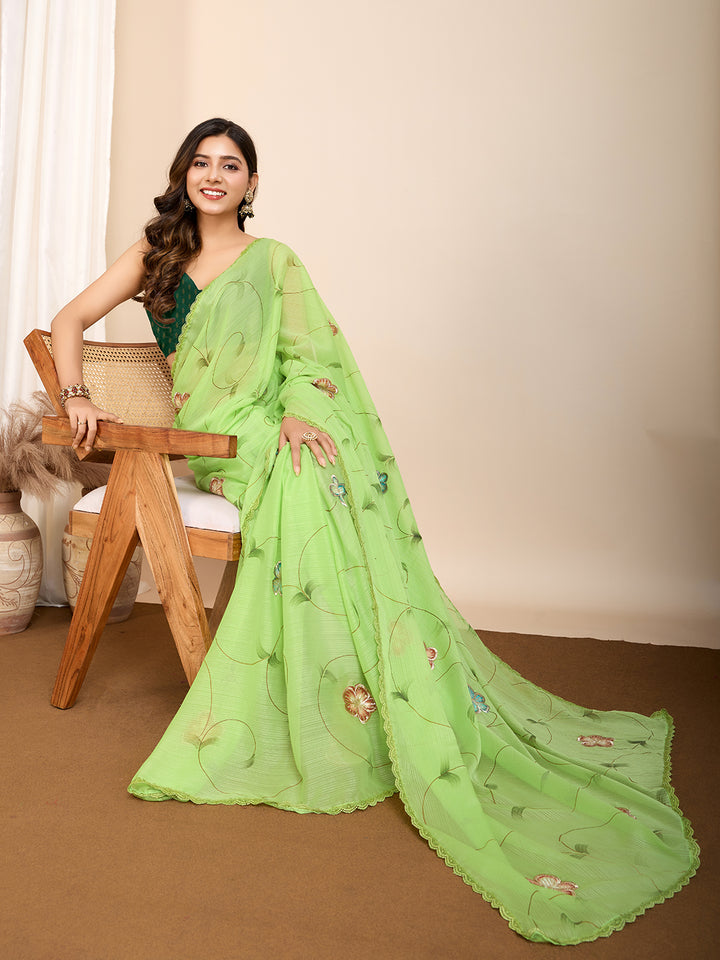 Partywear Georgette Saree | Art Silk Blouse Brush & Foil Print Work