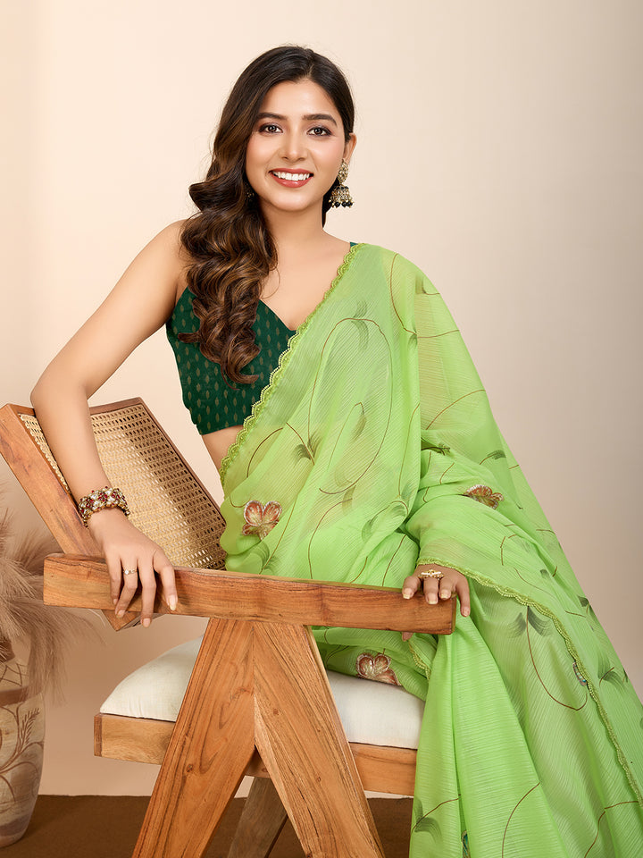 Partywear Georgette Saree | Art Silk Blouse Brush & Foil Print Work