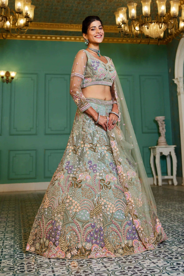 Glamorous Net Lehenga Choli | Designer Sequins & Thread Embroidery