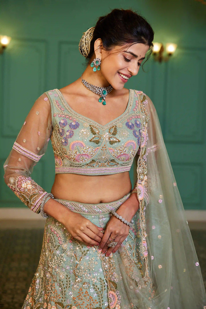 Glamorous Net Lehenga Choli | Designer Sequins & Thread Embroidery