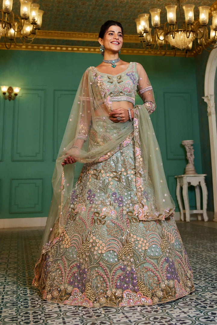 Glamorous Net Lehenga Choli | Designer Sequins & Thread Embroidery