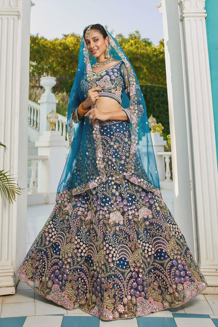 Glamorous Net Lehenga Choli | Designer Sequins & Thread Embroidery