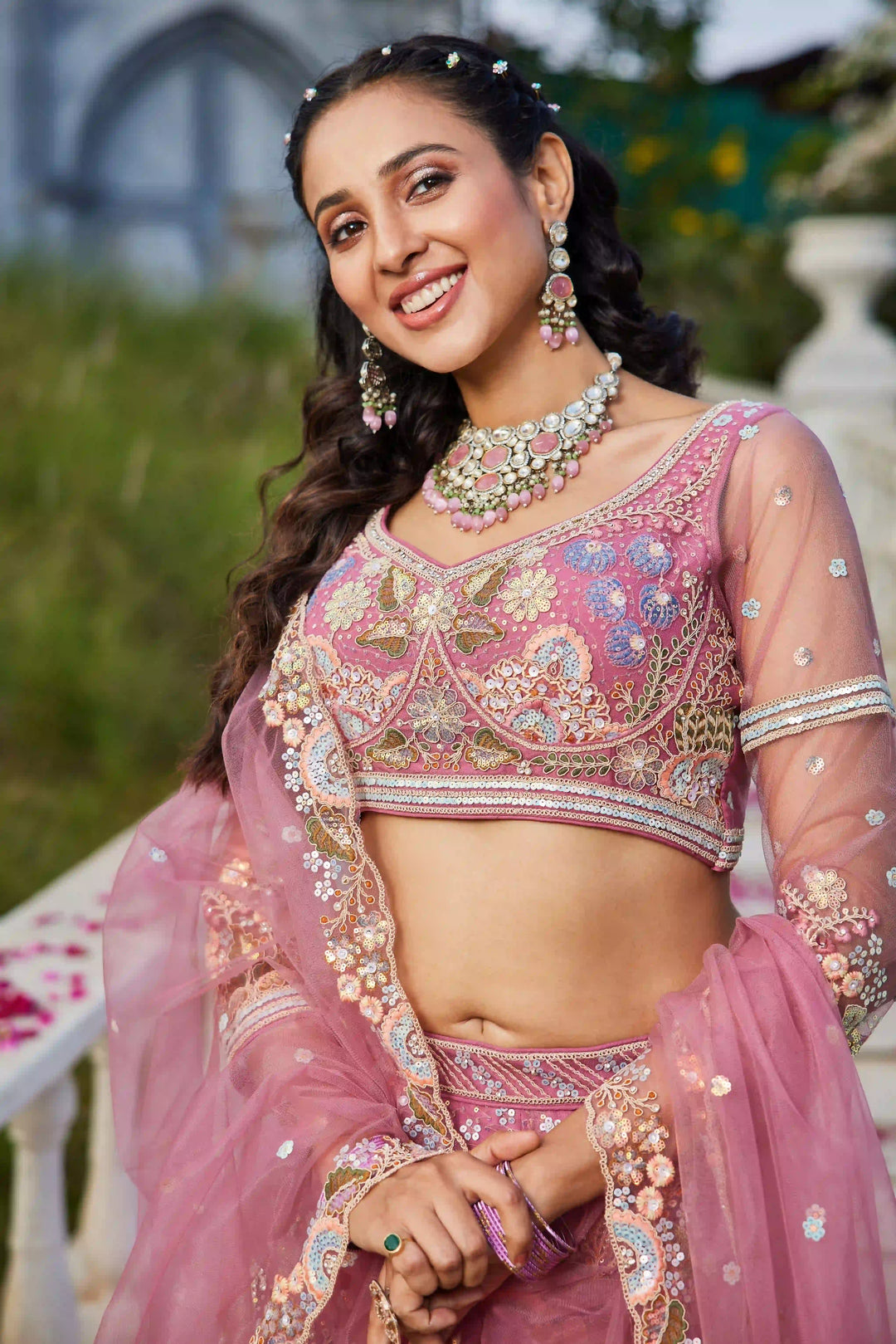 Glamorous Net Lehenga Choli | Designer Sequins & Thread Embroidery
