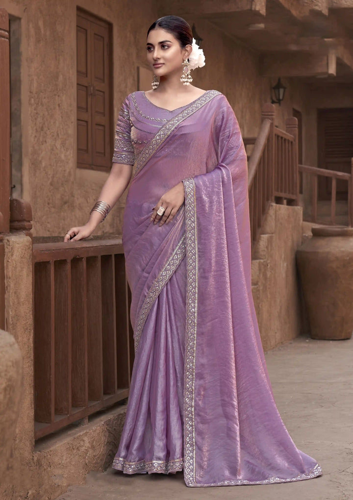 Lavender Satin Silk Saree | Hand Embroidery Elegant Wedding Wear
