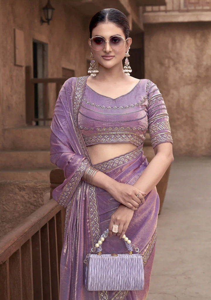 Lavender Satin Silk Saree | Hand Embroidery Elegant Wedding Wear