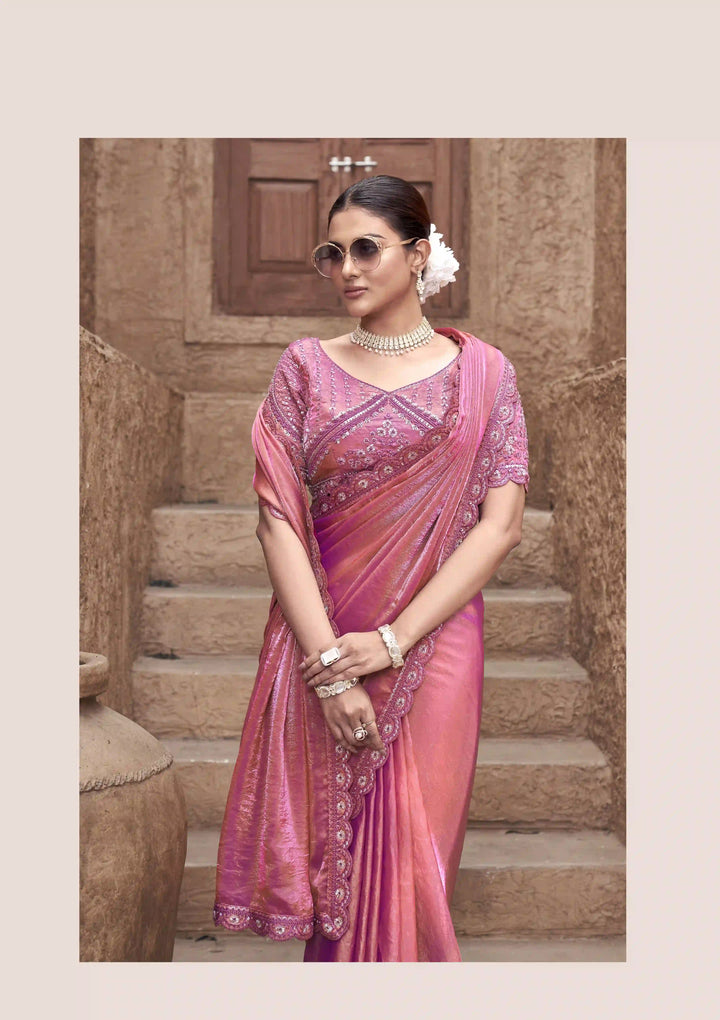Coral Pink Satin Silk Saree | Hand Embroidery Elegant Party Wear
