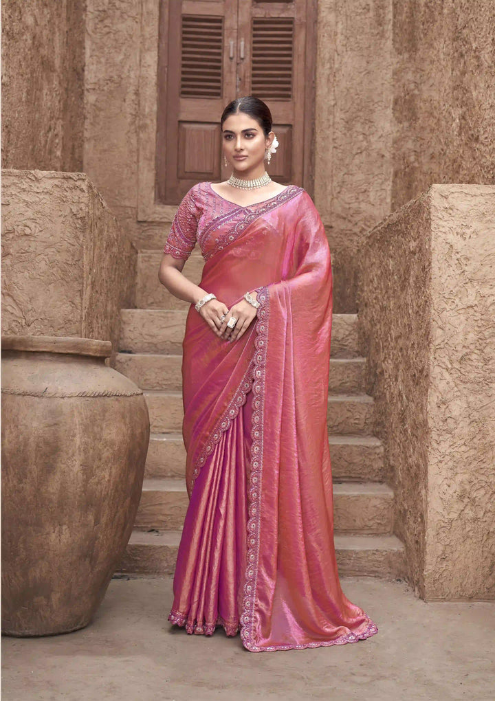 Coral Pink Satin Silk Saree | Hand Embroidery Elegant Party Wear