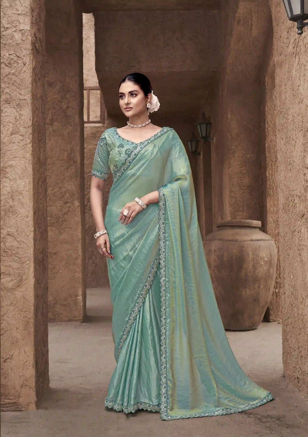 Sea Green Satin Silk Saree | Gradient Design with Hand Embroidery Work