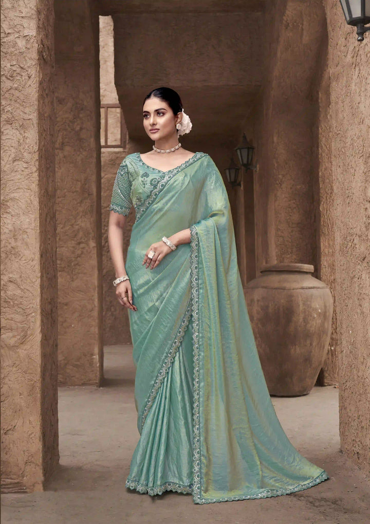 Sea Green Satin Silk Saree | Gradient Design with Hand Embroidery Work