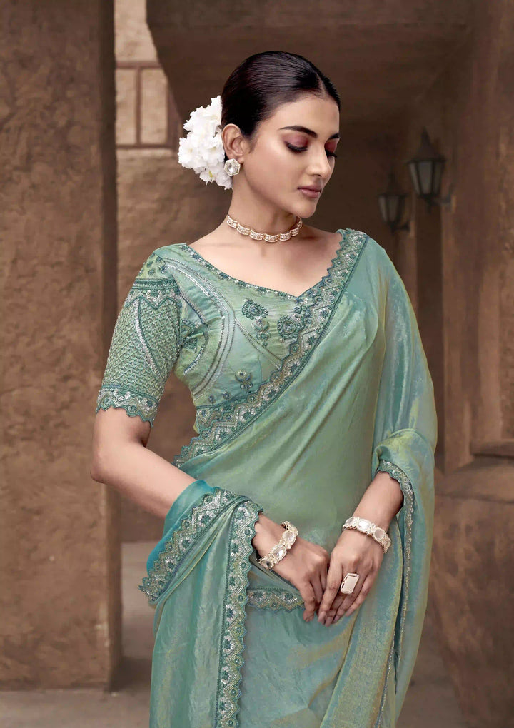 Sea Green Satin Silk Saree | Gradient Design with Hand Embroidery Work