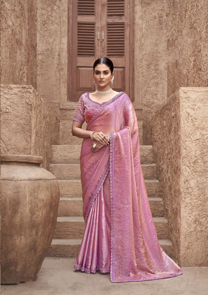 Dusty Pink Satin Silk Saree | Elegant Gradient with Hand Embroidery Work