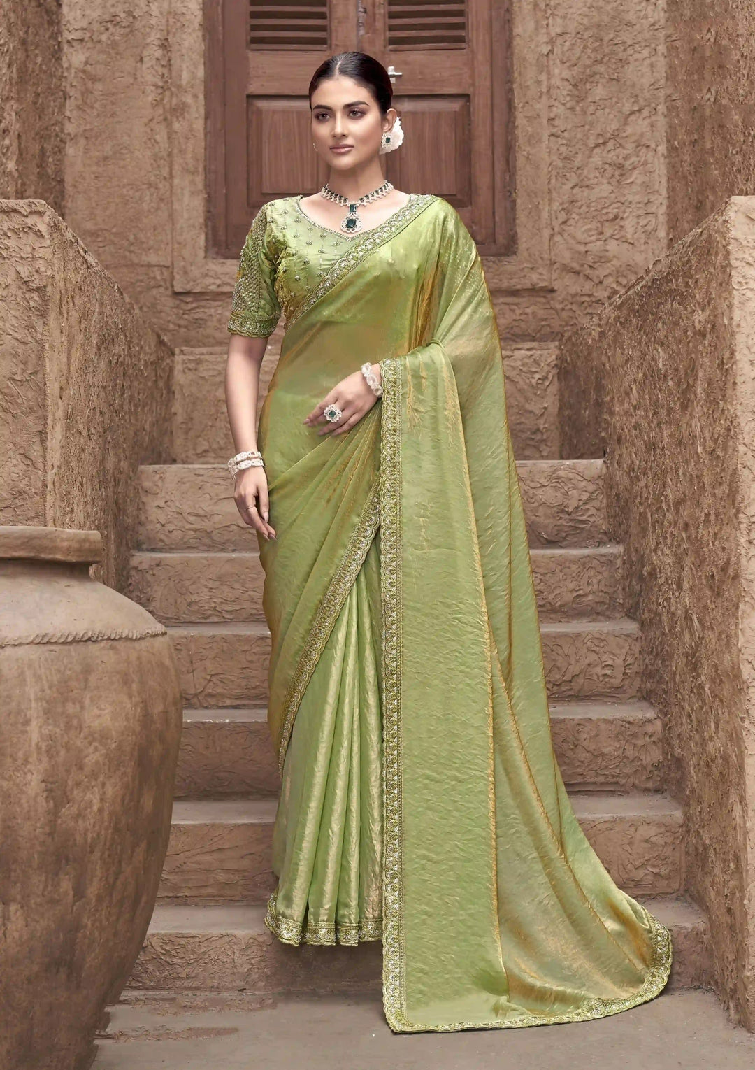 Pista Green Satin Silk Saree | Elegant Gradient with Hand Embroidery Work