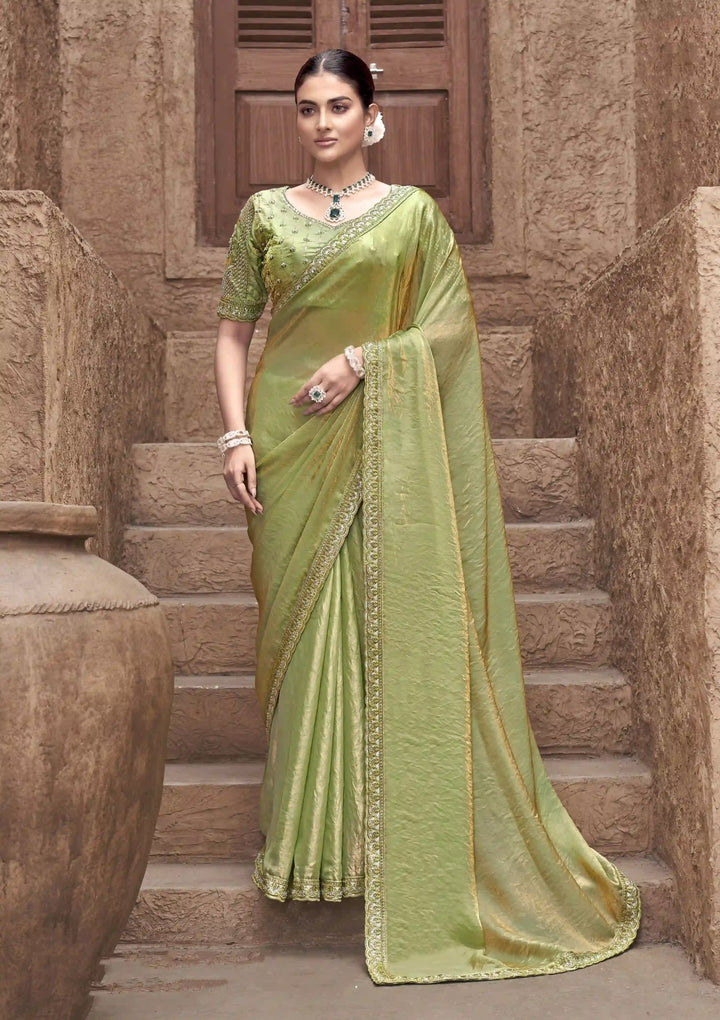 Pista Green Satin Silk Saree | Elegant Gradient with Hand Embroidery Work