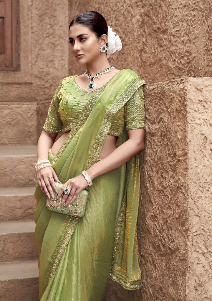 Pista Green Satin Silk Saree | Elegant Gradient with Hand Embroidery Work