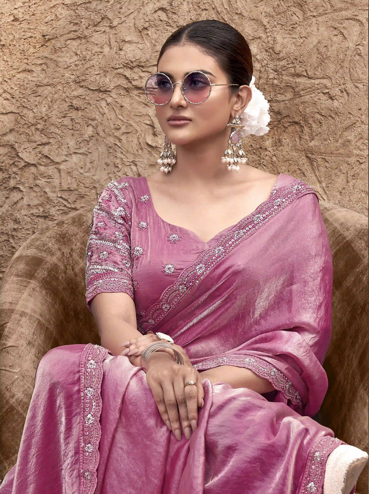 Pink Satin Silk Saree | Designer Embroidery Party & Wedding Wear