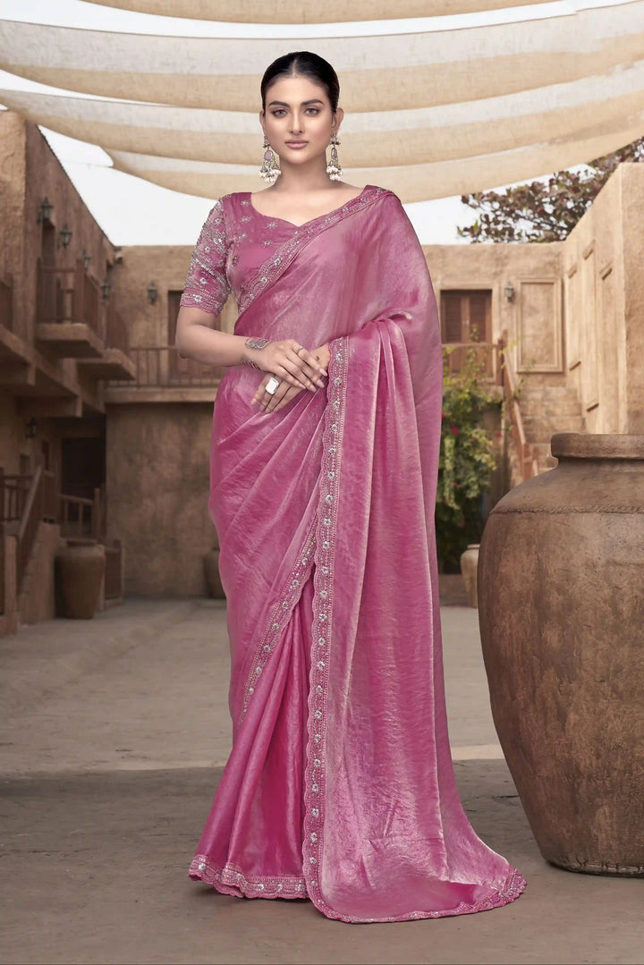 Pink Satin Silk Saree | Designer Embroidery Party & Wedding Wear