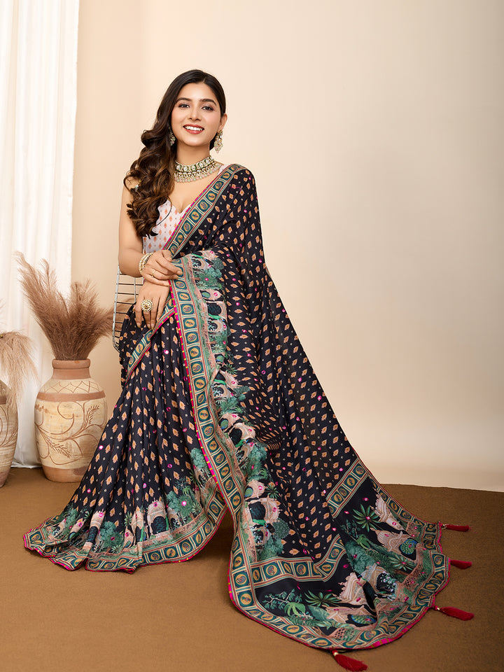 Black Muslin Cotton Saree | Digital Print & Hand Work Partywear Look