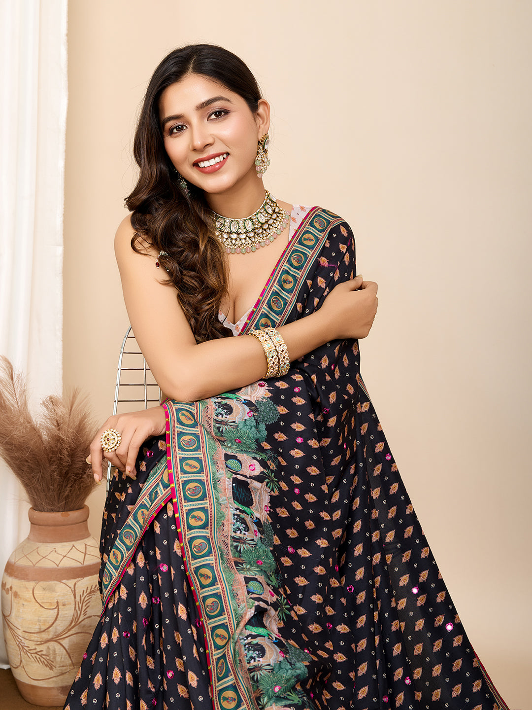 Black Muslin Cotton Saree | Digital Print & Hand Work Partywear Look