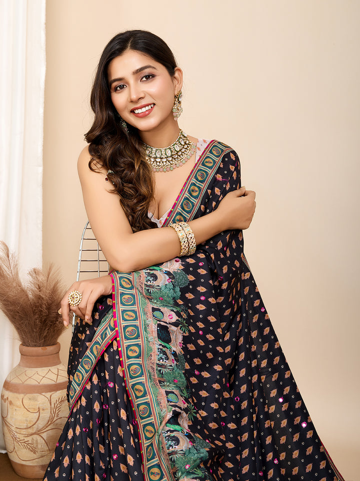 Black Muslin Cotton Saree | Digital Print & Hand Work Partywear Look