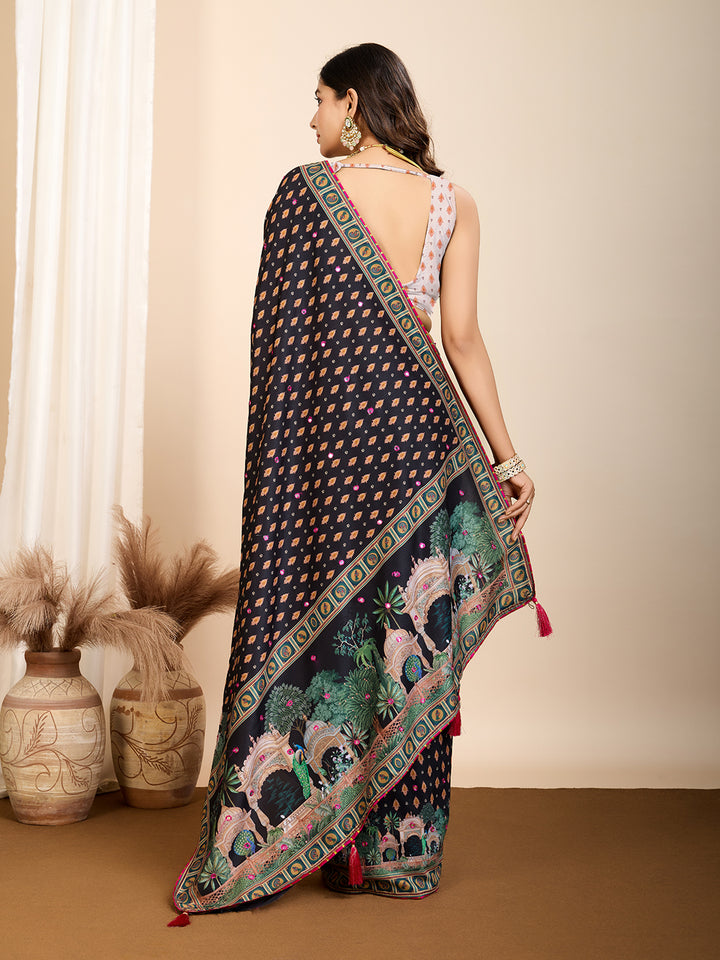 Black Muslin Cotton Saree | Digital Print & Hand Work Partywear Look