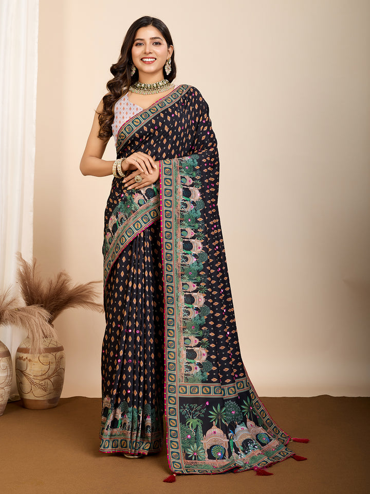 Black Muslin Cotton Saree | Digital Print & Hand Work Partywear Look