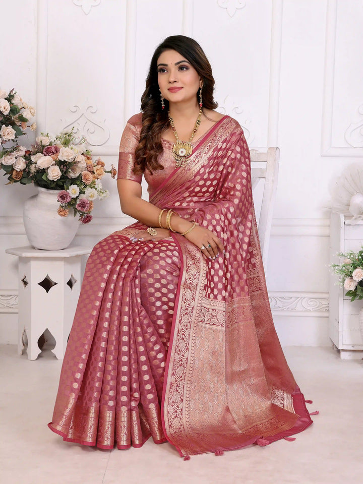Designer Organza Saree | Gold Jari Weaving Lightweight & Festive Look
