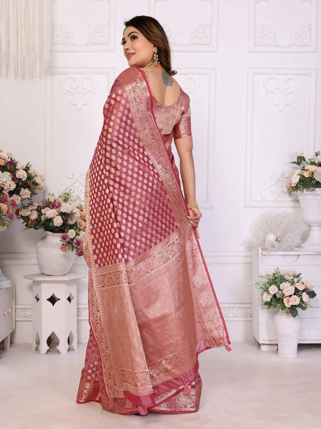 Designer Organza Saree | Gold Jari Weaving Lightweight & Festive Look