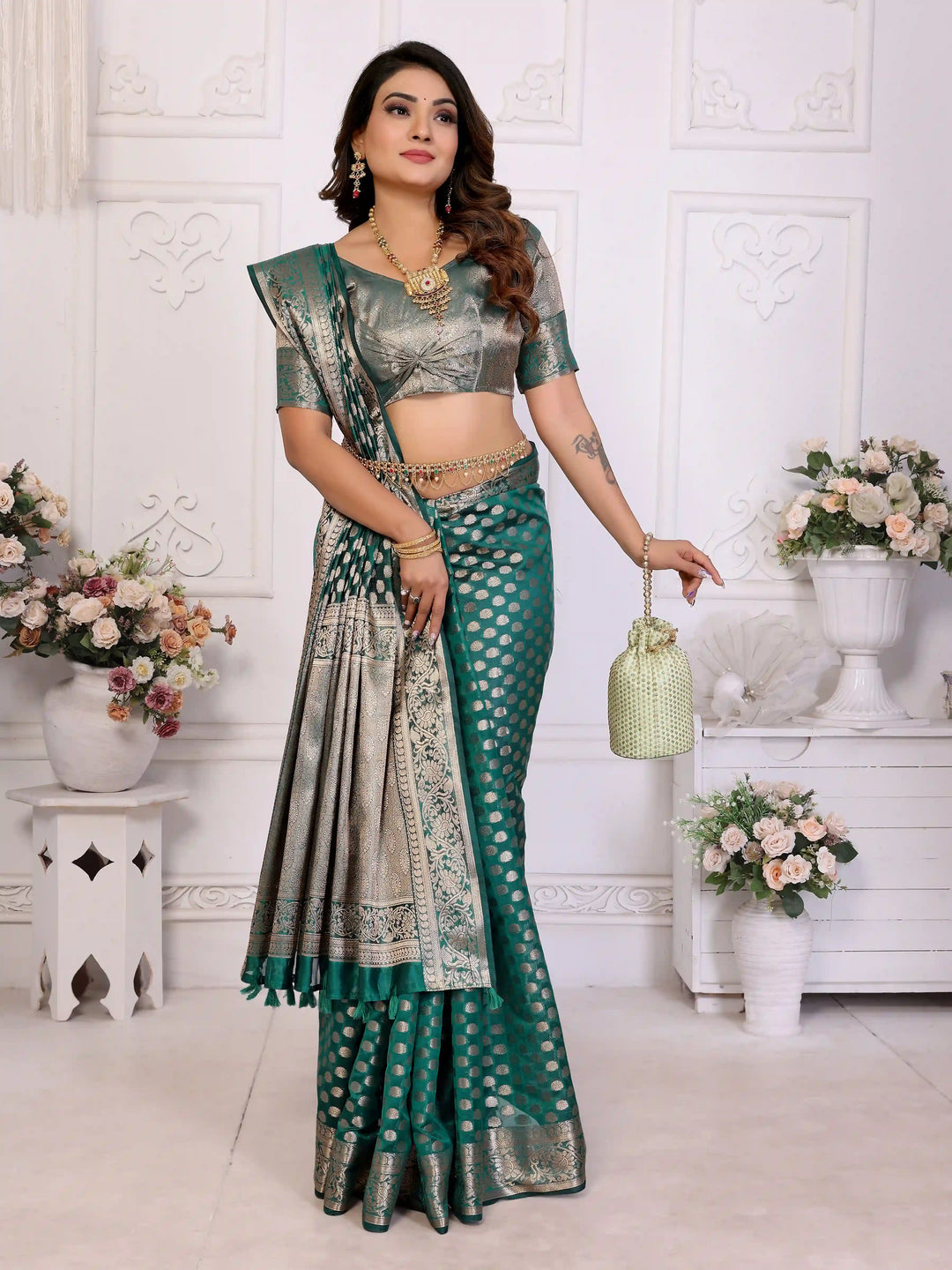 Designer Organza Saree | Gold Jari Weaving Lightweight & Festive Look