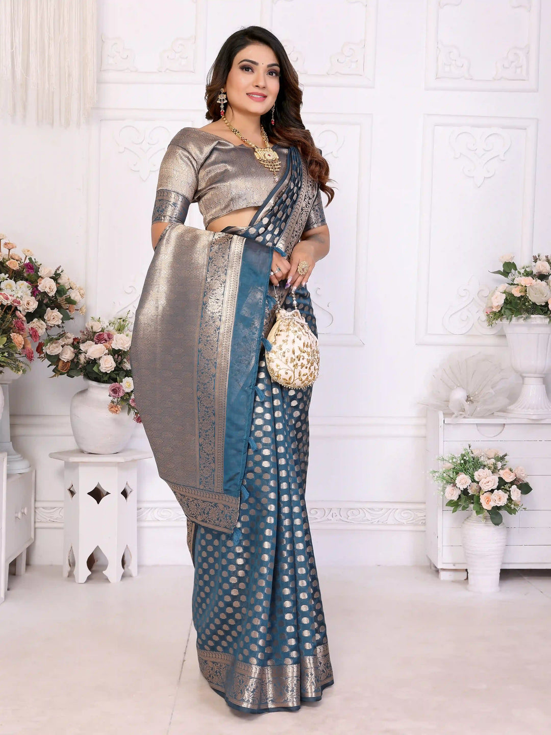Designer Organza Saree | Gold Jari Weaving Lightweight & Festive Look