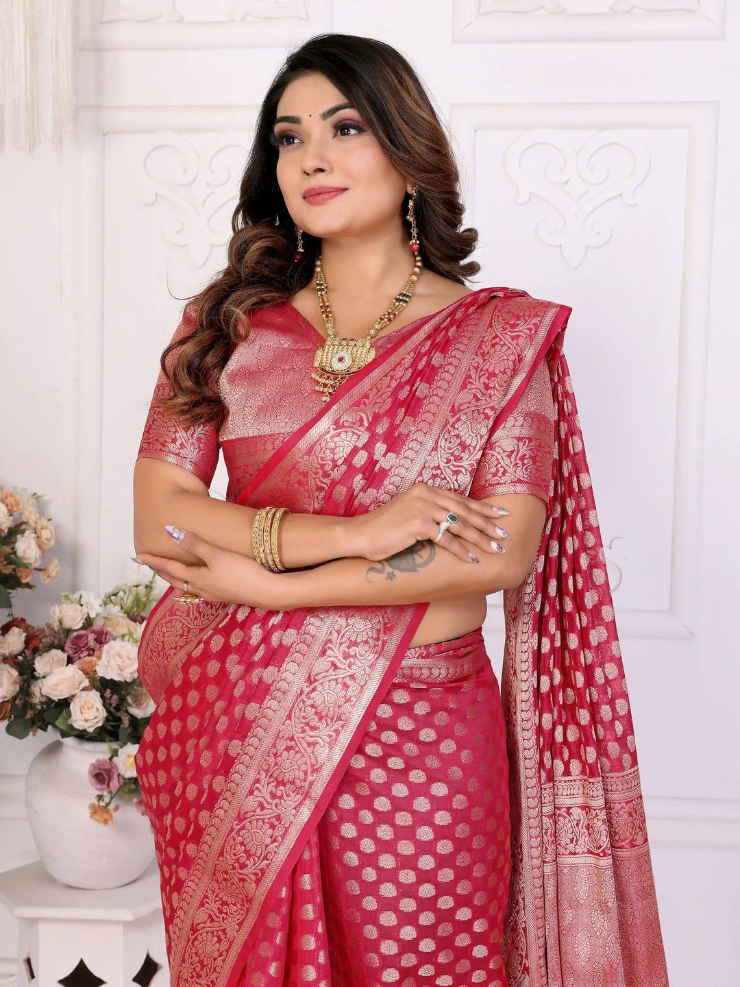Designer Organza Saree | Gold Jari Weaving Lightweight & Festive Look