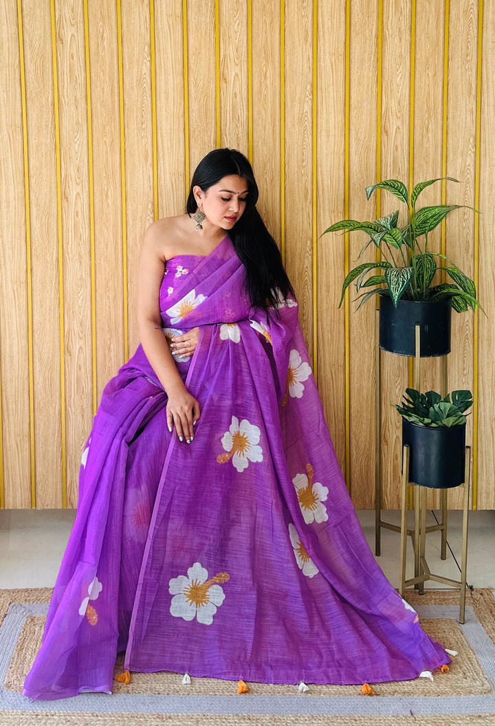 Floral Digital Printed Linen Saree | Stylish Party Wear Soft & Elegant