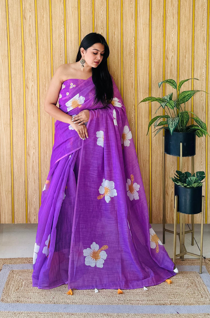 Floral Digital Printed Linen Saree | Stylish Party Wear Soft & Elegant