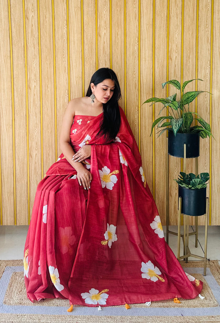 Floral Digital Printed Linen Saree | Stylish Party Wear Soft & Elegant