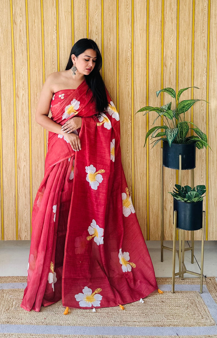 Floral Digital Printed Linen Saree | Stylish Party Wear Soft & Elegant